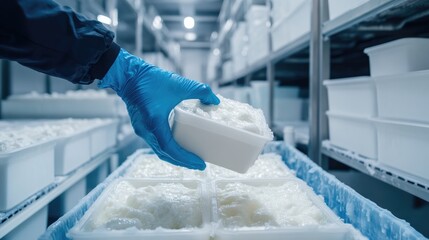 Worker in Blue Gloves Preparing Food in a Factory