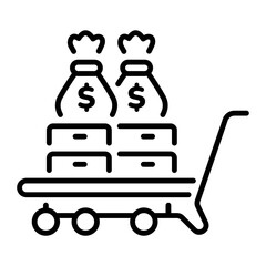 A line style icon of a cash trolley carrying money bags 