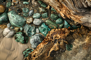 A Symphony of Textures: Smooth Stones, Rugged Bark, Delicate Leaves, Coarse Soil and Reflective Water in Natural Harmony