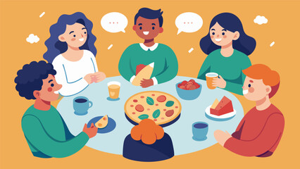 A group of friends sit in a circle mindfully passing around a dish of food and discussing their observations and reactions.. Vector illustration