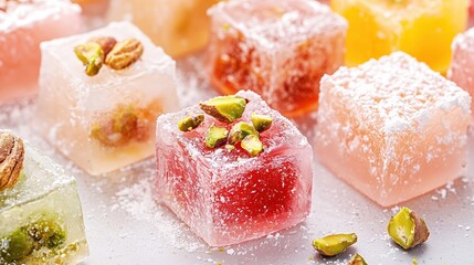 Colorful Turkish delight cubes with pistachio nuts and powdered sugar