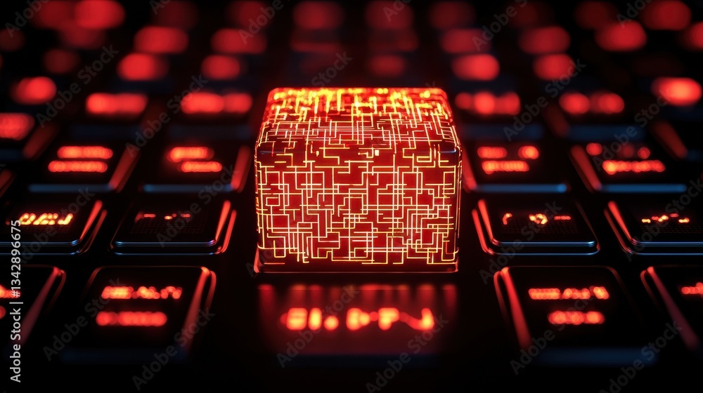 Poster futuristic red circuit board cube on dark keyboard background