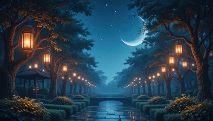 Serene moonlight scene with glowing lanterns illuminating a tranquil garden path