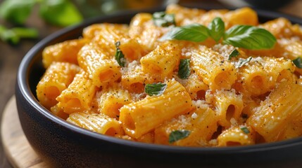 A vibrant, orange pasta dish, crafted from the sweetness of roasted pumpkin, served with a drizzle of creamy pesto, a testament to autumn is bounty and culinary creativity.