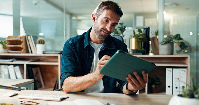 Tablet, scroll and smile with business man in office for planning, ui designer and app review. Developer solutions, client feedback and research with person in agency for project idea and startup