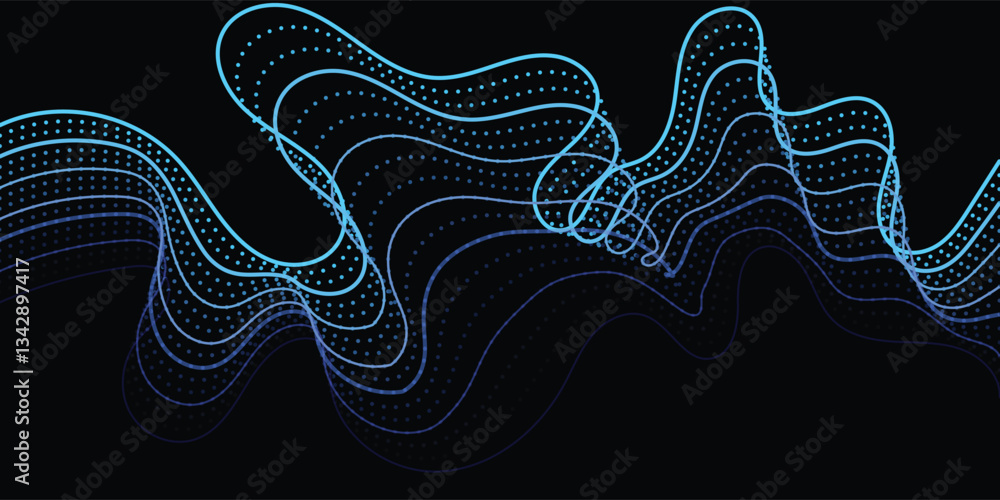 Poster this abstract image features flowing, layered, blue lines and dots on a black background, creating a