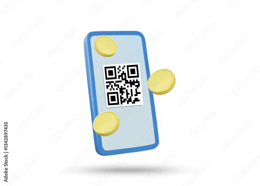 Aufkleber 3d illustration vector render of mobile phone icon with qr code on screen and coin. convenient and f