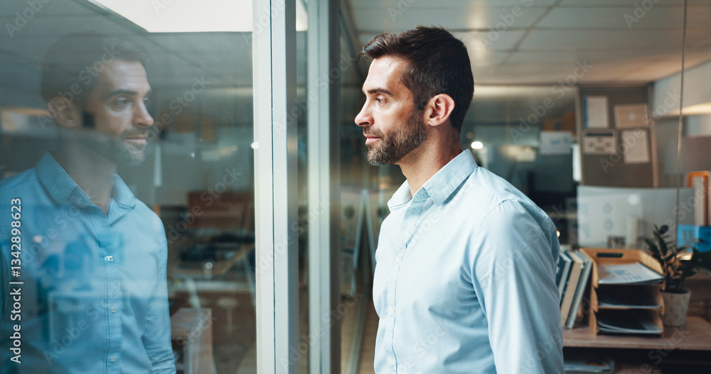 Poster Business, thinking and man with window, decision and problem solving with ideas for project. Person, copywriting and employee in office, thoughtful and confused with doubt for proposal or daydreaming