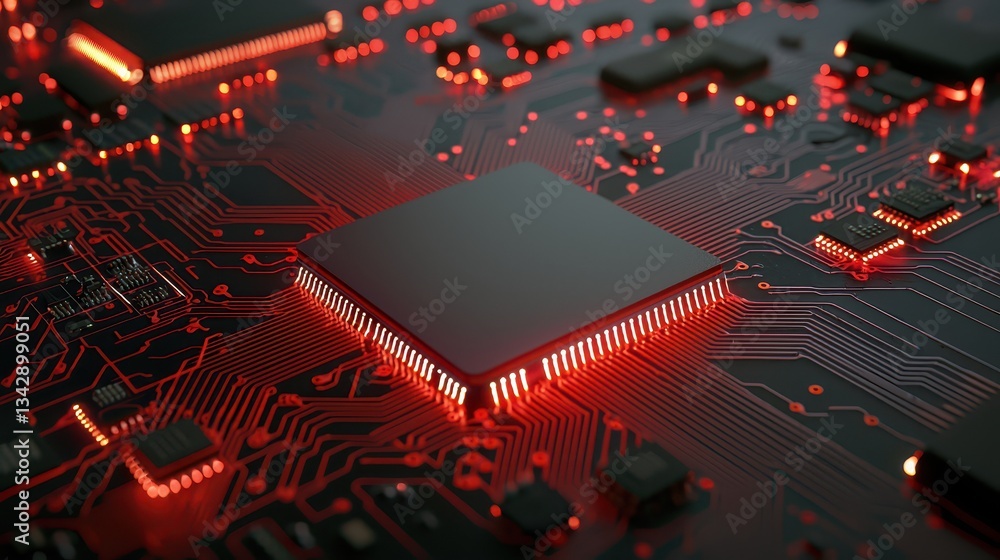 Poster illuminated circuitry, a closeup of computer circuit board with glowing red lights