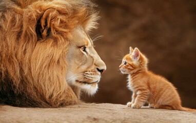 Fototapeta premium Lion and kitten encounter wildlife sanctuary animal portrait natural habitat close-up bonding moment