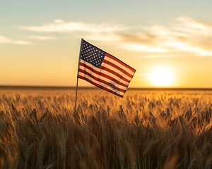 American Flag in Wheat Field at Sunset
