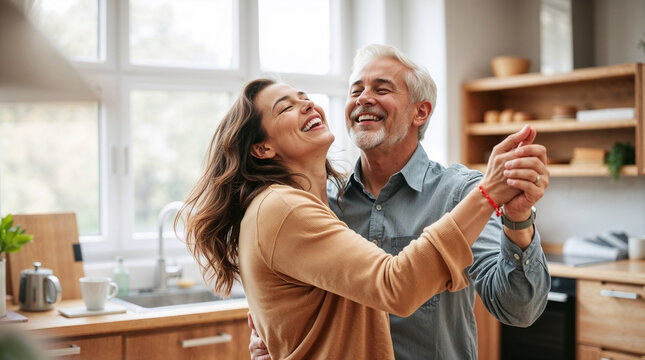 Joyful middle-aged couple dancing together in bright modern kitchen for romance, relationship, love, lifestyle, retirement, and family connection concepts.