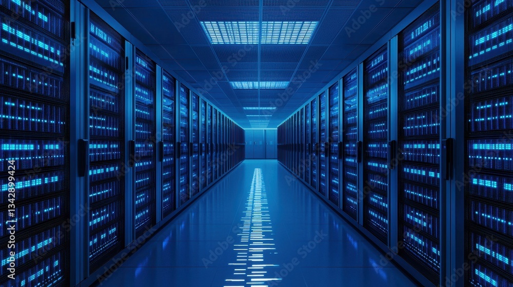 Poster data center with rows of server racks and blue led lights