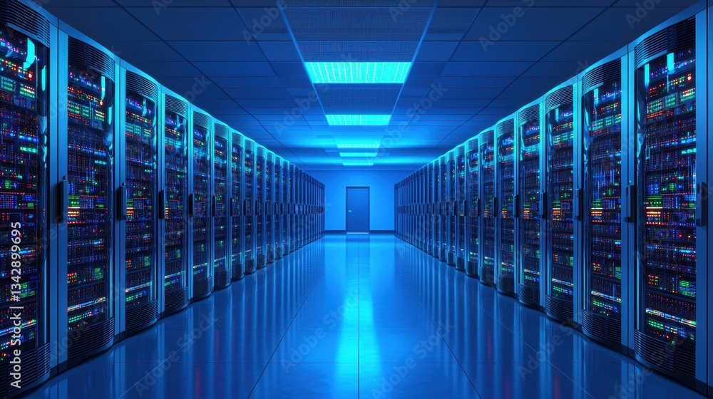 Poster high-tech data center with rows of servers illuminated by blue light