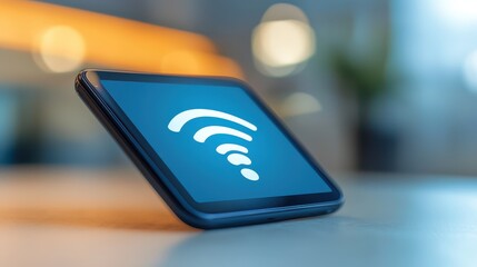 A smartphone displays a white Wi-Fi symbol on its blue screen, indicating wireless internet connectivity.