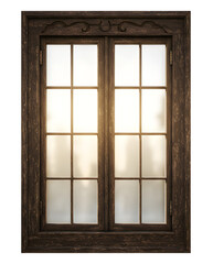 Obraz premium Elegant Vintage Wooden Window with Frosted Glass and Sunlit Glow isolated transparent background