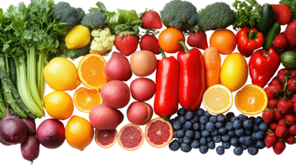 Burst of Colors: A vibrant and appetizing display of colorful fruits and vegetables in a harmonious arrangement, showcasing nature's bounty and promoting a healthy lifestyle.