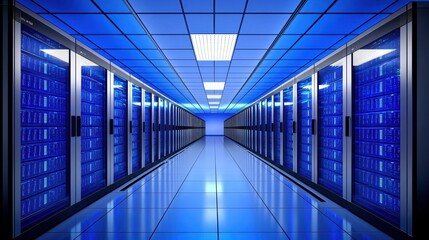 High-Tech Server Room with Blue Lighting and Modern Equipment