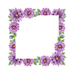 Square frame of purple dahlia flowers and green leaves, with space for text in the center. Watercolor botanical illustration for greeting card, gift wrapping, cover, congratulations.