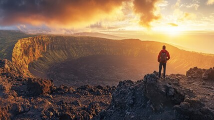 Fototapeta premium A hiker standing at the edge of a volcanic crater, gazing at the vast, rocky landscape below. The golden sunrise casts a warm glow over the dramatic and surreal environment.