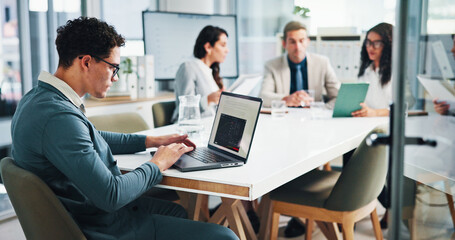 Meeting, businessman and screen with laptop in office, about us and research for stock market. Boardroom, male person and trader with digital for financial performance, risk management and corporate