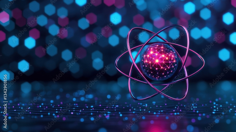 Poster vibrant atomic model with colorful bokeh background effects