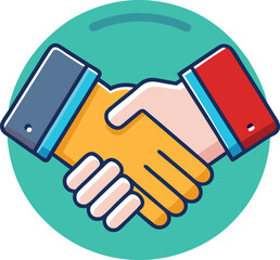 Vector handshake with colorful sleeves illustration, A vector illustration of a handshake between two hands with colorful sleeves, set inside a circular teal background.  
