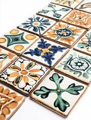 Fototapeta premium Artfully arranged, hand-painted ceramic tiles on a white background highlight intricate patterns and vibrant hues, ideal for home decor and modern interior design.