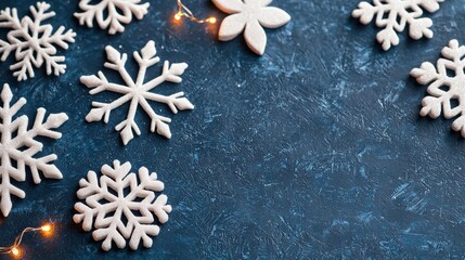 Festive Snowflake Cookies on Dark Blue Surface with Lights