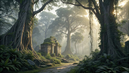 Mysterious ancient jungle with towering trees and overgrown ruins, golden light filtering through dense canopy, evoking a sense of forgotten history and adventure.