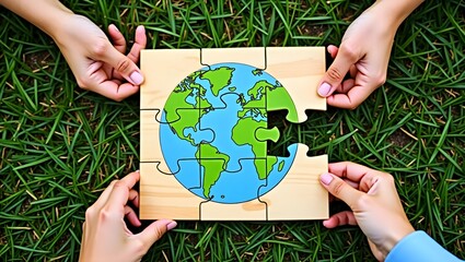 Hands holding earth puzzle environment sustainability ecology globe nature conservation teamwork