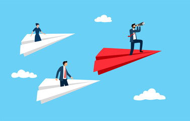 Businessman with binocular on paper plane as a symbol of business leadership. Visionary leading team, teamwork concept.