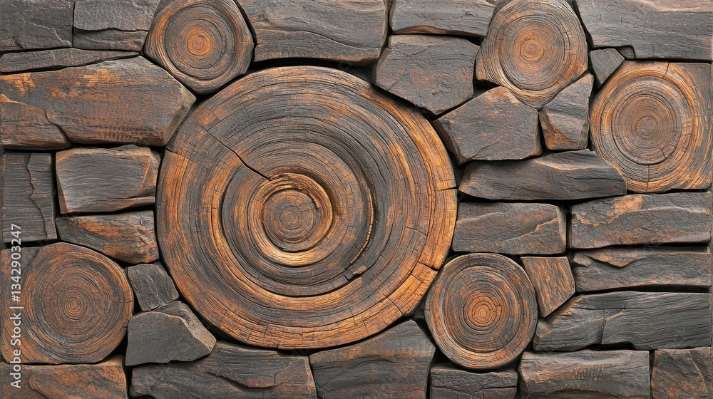 Aufkleber textured background of circular wood patterns and stone elements