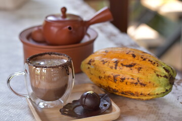 Cup of cacao husk tea from the roastet outer shells of the cacao bean, Cup of cacao husk tea,...