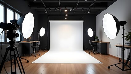 Photography studio backdrop lighting equipment camera setup professional interior workspace shoot