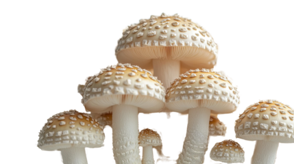 Mushroom Family Portrait: A detailed shot of a cluster of speckled mushrooms, with various sizes and textures, standing close to each other and conveying nature's unique artistry.