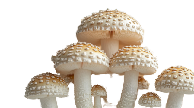 Mushroom Family Portrait: A detailed shot of a cluster of speckled mushrooms, with various sizes and textures, standing close to each other and conveying nature's unique artistry.