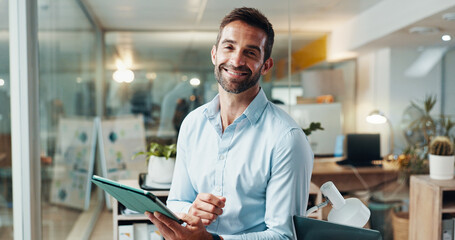 Obraz premium Tablet, portrait and smile with business man in office for planning, company consultant and performance analyst. Professional, client feedback and research with person in agency for project idea