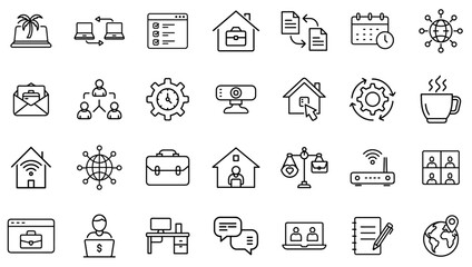 Remote Work and Digital Office Line Icons – Work from Home, Online Communication, Virtual Meetings, Productivity, Networking, Collaboration, Freelancing, Cloud Computing, and Digital Business Icon Set