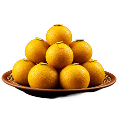 Delicious Ladoo Sweets Piled on Plate with Pistachio Topping Isolated on Transparent Background
