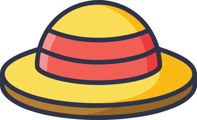 Vector colorful sun hat illustration, A vector illustration of a yellow sun hat with red and orange stripes, perfect for sunny weather.  
