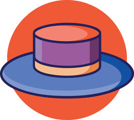 Vector colorful fashion hat illustration, A vector illustration of a stylish fashion hat with purple and blue tones, set against a bright orange circular background.  
