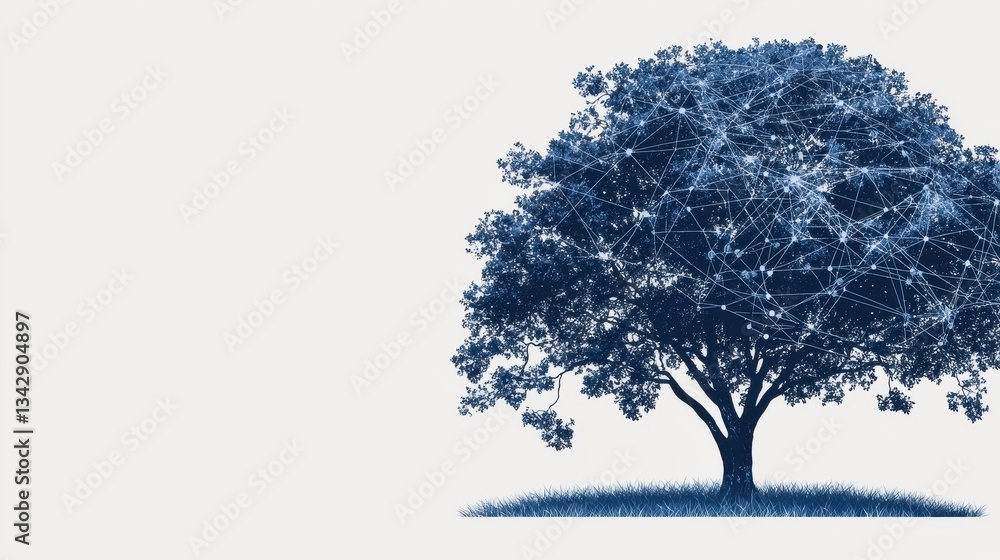 Poster abstract tree design with network connections and blue background