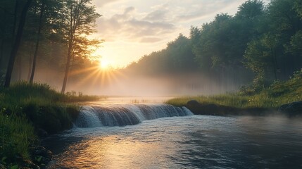 Enchanted Forest Sunrise with Sunbeams and Glittering Air Particles