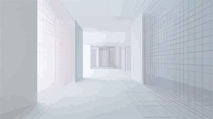Fototapeta premium The image depicts a long, narrow corridor rendered in shades of white and off-white. The walls feature varying textures, with some sections appearing smooth and others showing a grid-like pattern.