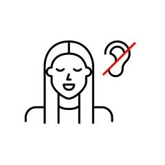 Young woman and ear crossed. Hearing impaired people accessibility. Muted user announcements. Pixel perfect, editable stroke vector icon