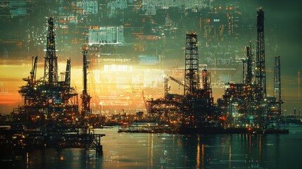 Industrial oil pumpjacks and drilling rigs overlaid with digital financial analytics and global oil price trends.