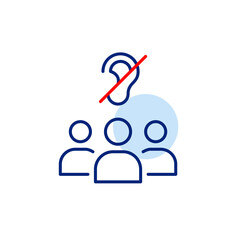 Group of people and ear crossed. Hearing impaired support group, inclusive environment. Confidential discussion, silent retreat or a focused work session. Pixel perfect, editable stroke vector icon
