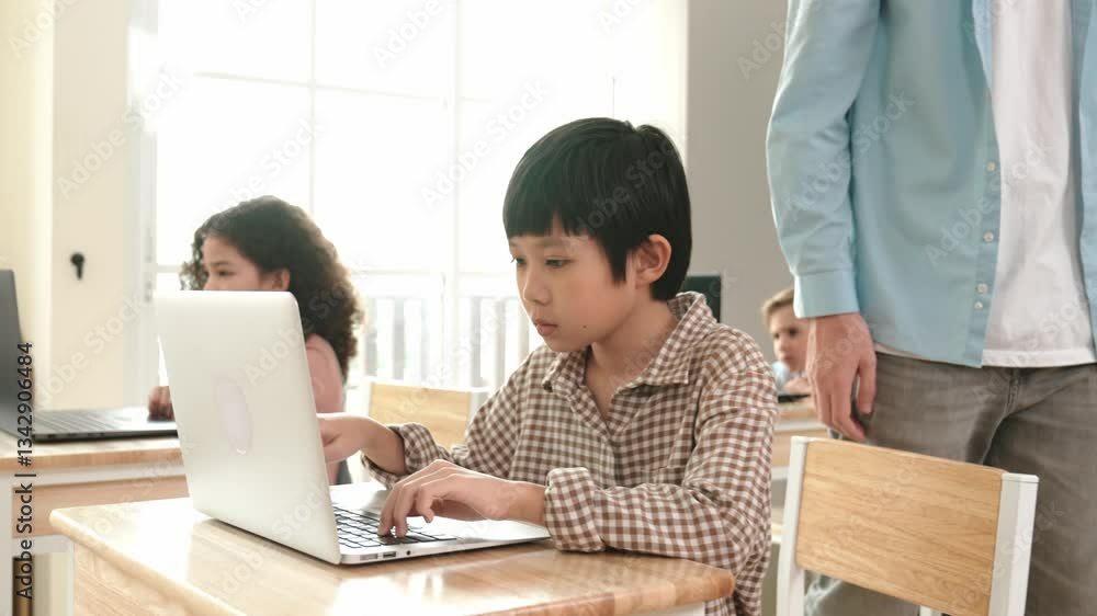 Poster caucasian teacher helping asian student coding engineering prompt while diverse student using softwa