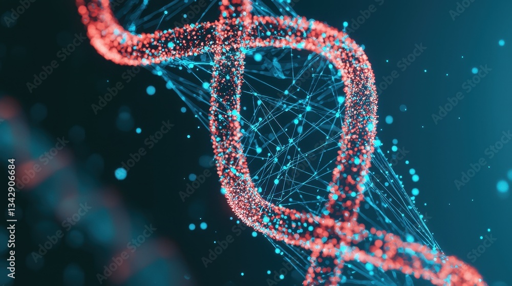 Poster abstract digital dna structure with particles in blue and red colors